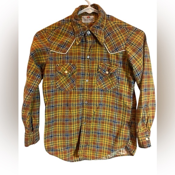 VTG 70s Fruit of The Loom Boys Plaid Western Yellow Flannel Pearl Snaps Sz 12 - Picture 1 of 6